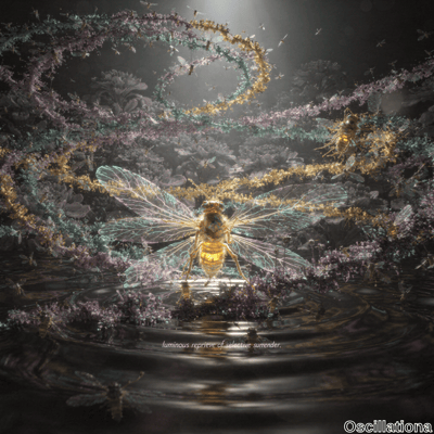A surreal scene with a large, luminous insect, possibly a bee or wasp, featuring detailed, translucent wings, emerging from a reflective surface with ripples