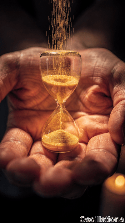 A close-up of hands delicately holding a small hourglass with golden sand flowing dynamically from top to bottom