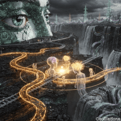 A surreal scene with a massive, cracked face structure adorned with circuit-like patterns on the left, glowing human-like figures with ethereal hair on a golden-lit path, rugged terrain with illuminated pathways leading to a cliff edge