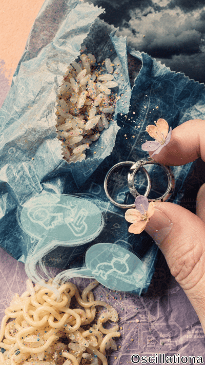 Surreal vertical collage: manicured hand with orange nails and tiny dried orange-purple flowers holds intertwined silver rings on textured blue-indigo background. Torn blue bag spills rice and multicolored sprinkles upper left; stormy grayscale clouds; cyan