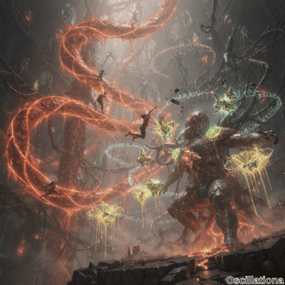 A large, armored humanoid creature with multiple arms holding green crystals glows orange and yellow, intertwined with organic roots and mechanical parts in a cavernous, industrial space