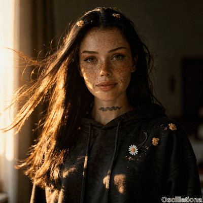 Close-up portrait of a freckled young woman with fair skin, striking hazel eyes, full pouting lips, and long wavy dark brown hair blowing wildly with golden sunlight highlights. Yellow chamomile flowers clip her hair, a delicate