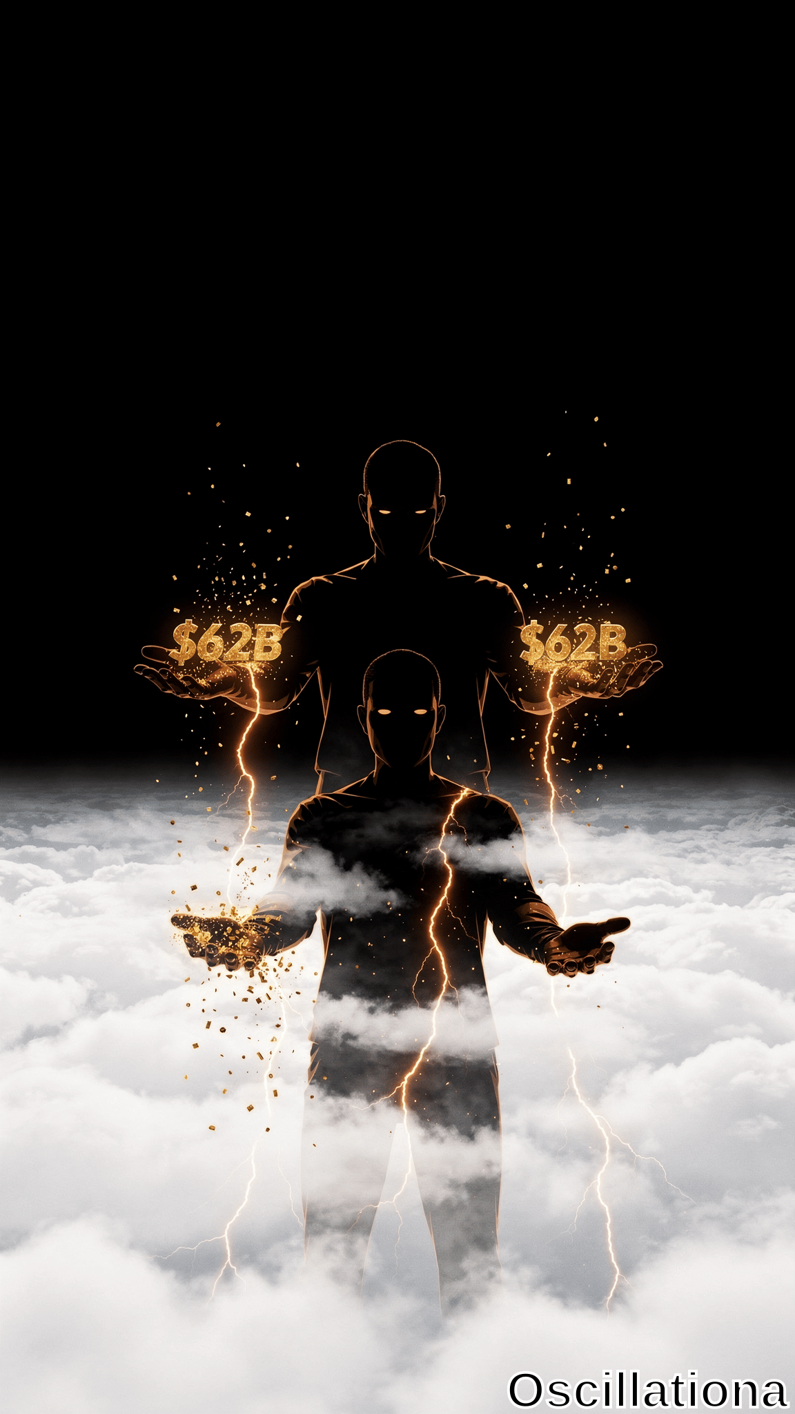 Two silhouetted figures with glowing orange eyes stand on clouds, arms raised holding golden fragmented symbols