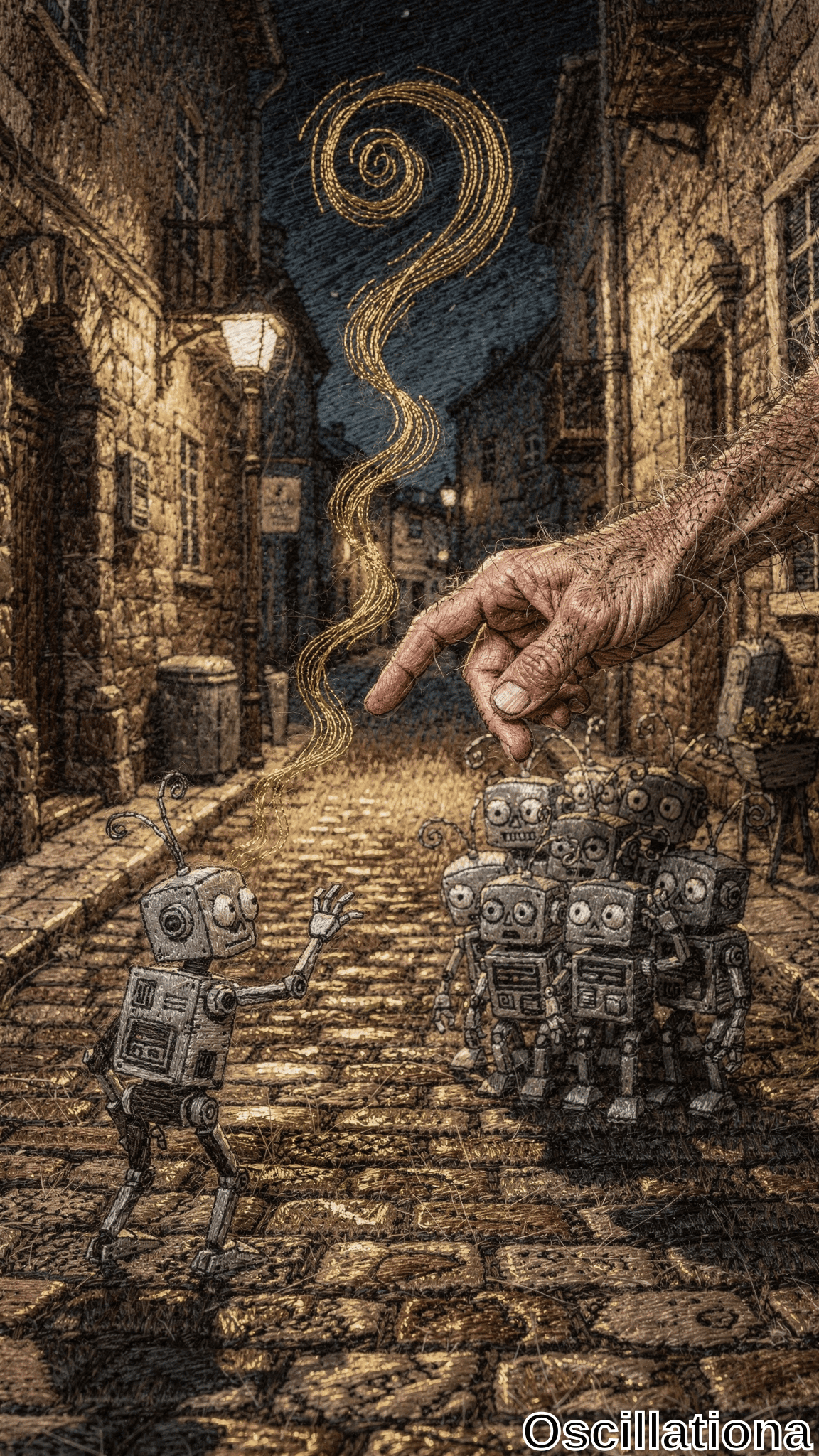 Surreal night scene in a sepia-toned, oil-painting style cobblestone alley of an old European village: giant wrinkled hairy hand points down from above, trailing ethereal golden "?" toward cluster of boxy gray anthropomorphic