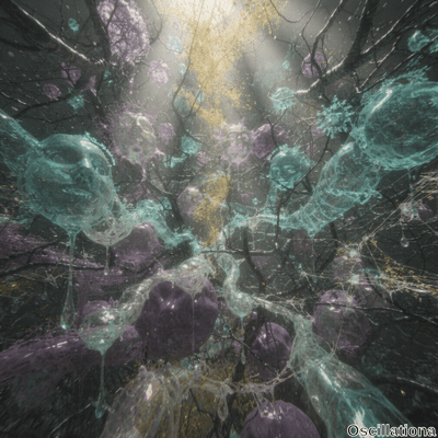 "Surreal scene with translucent teal and purple bubbles resembling human faces, connected by web-like strands, bathed in golden light from above, set against a backdrop of dark, twisted branches, creating an ethereal and mysterious