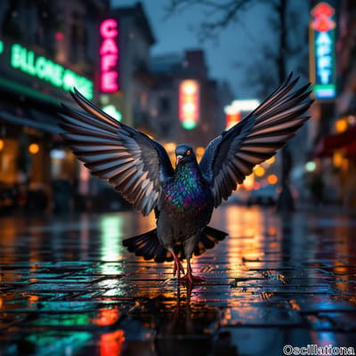 A pigeon with iridescent green, blue, and purple feathers stands on a wet, reflective street, wings spread wide as if ready to fly.