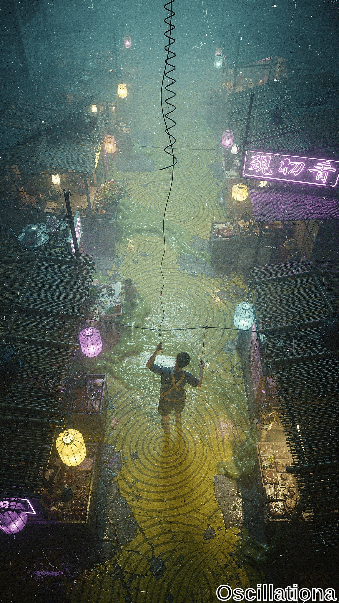 Aerial top-down view of foggy cyberpunk wet market alley at night in teal haze & neon pink/purple glows from lanterns. Worker in overalls sprays yellow-green slime from coiled hose, forming swirling yellow circles in viscous