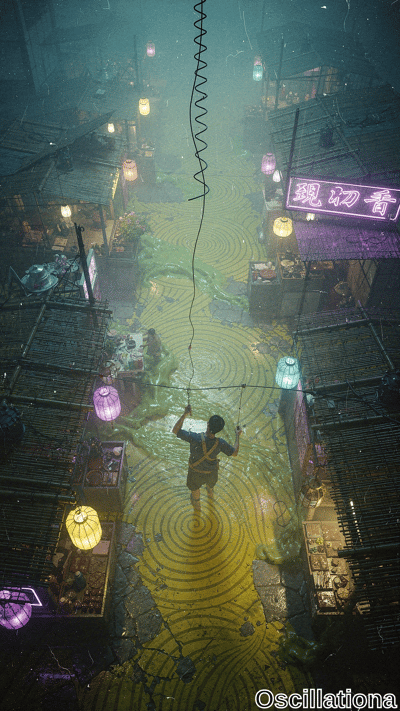 Aerial top-down view of foggy cyberpunk wet market alley at night in teal haze & neon pink/purple glows from lanterns. Worker in overalls sprays yellow-green slime from coiled hose, forming swirling yellow circles in viscous
