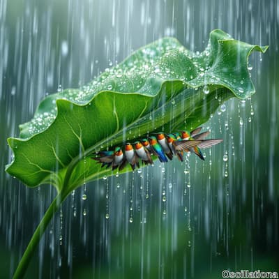 "Surreal scene of colorful hummingbirds in green, blue, orange, and white huddled under a large, veined green leaf during a rainstorm, with water droplets on the leaf and blurred rain streaks in
