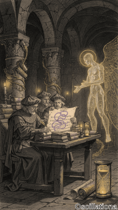 Two robed scholars examine an ornate manuscript at a candlelit table in a vaulted stone library while a glowing translucent humanoid with circuit patterns appears nearby.