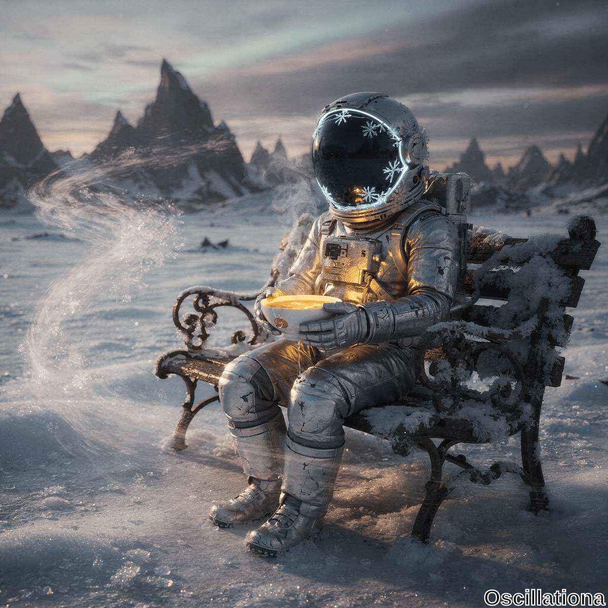 A futuristic silver astronaut in a detailed spacesuit with glowing blue snowflake visor motifs sits calmly on a snow-blanketed, ornate rusted wrought-iron bench, holding a steaming luminous golden bowl of soup with swirling ethereal white steam.