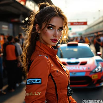 A young woman in a vibrant orange racing suit with "DREVULAR" and "RALLY" patches gazes confidently over her shoulder, her long wavy hair and glamorous makeup, including bold red lips and bright eyes