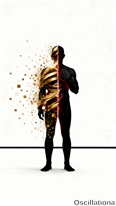 A standing male silhouette divided vertically, left side dissolving into swirling golden squares and energy, right side solid black with glowing red cracks on a white background.