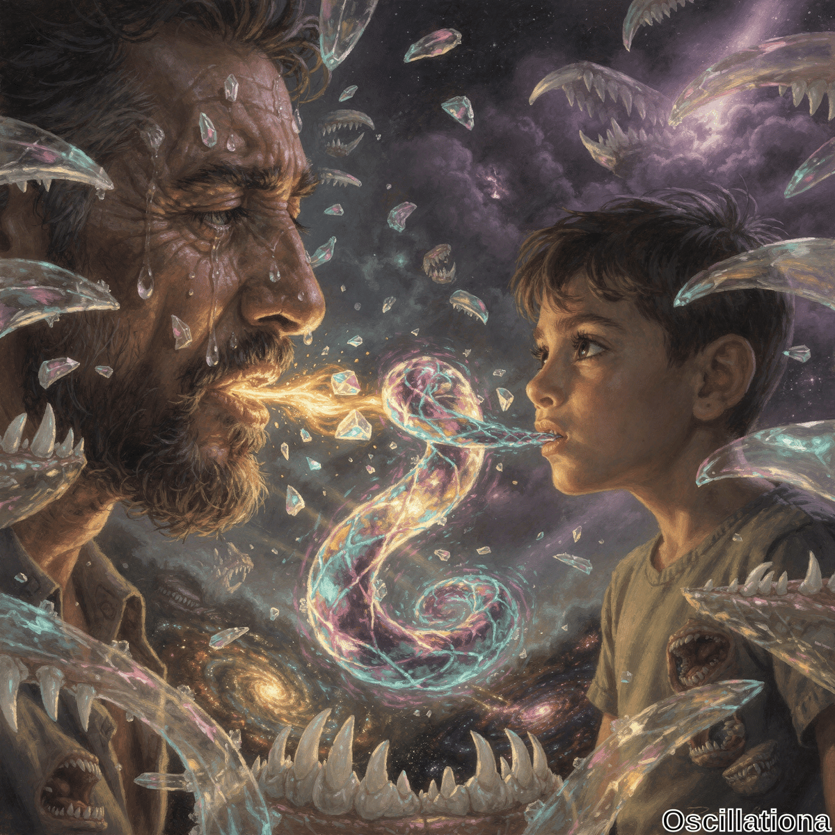 "Surreal scene of an older man and young boy facing each other, exhaling vibrant, glowing energy streams that intertwine into a cosmic helix