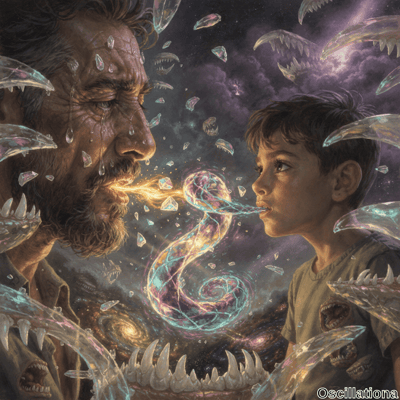"Surreal scene of an older man and young boy facing each other, exhaling vibrant, glowing energy streams that intertwine into a cosmic helix