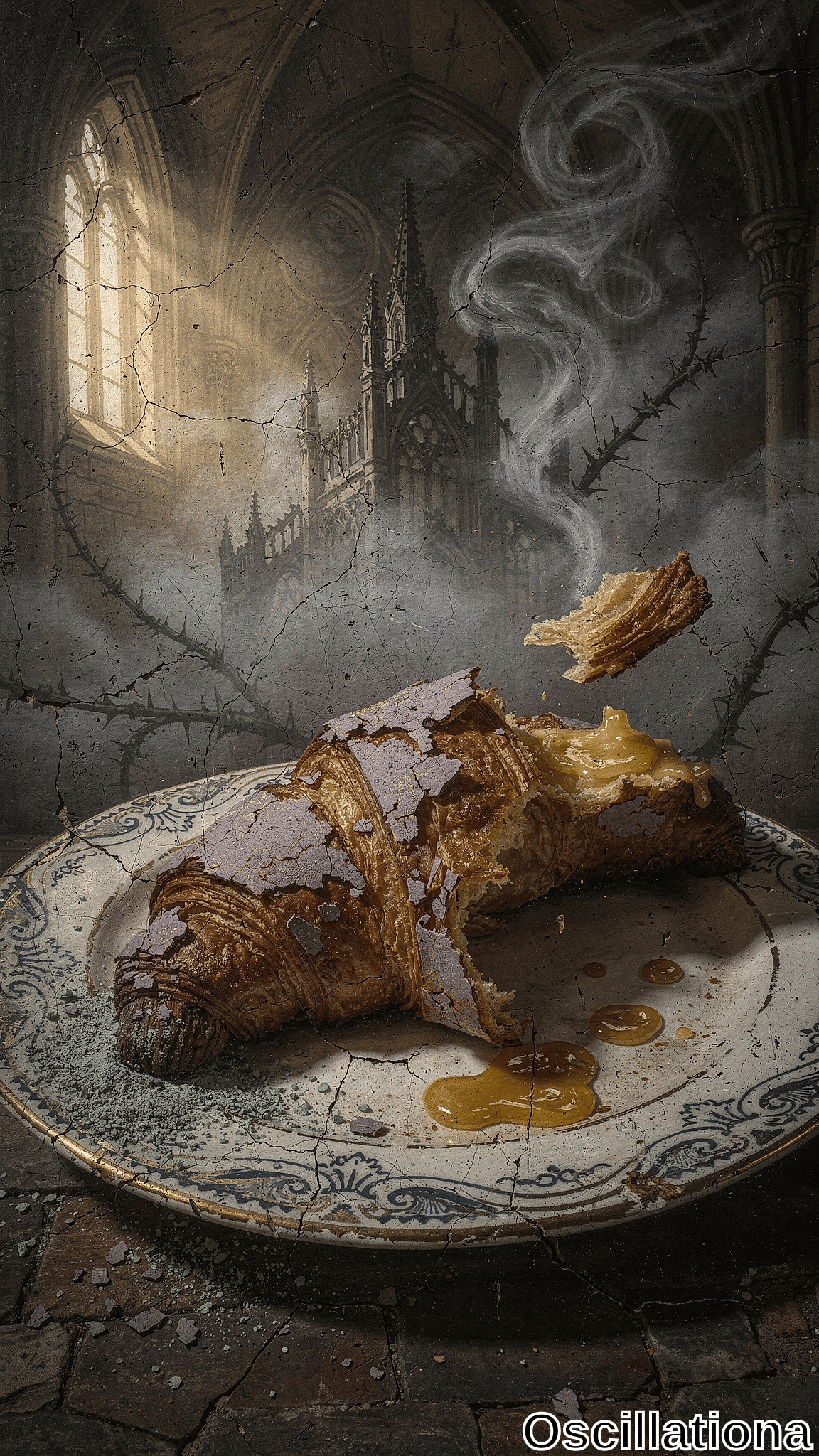 Surreal flaky golden croissant dusted purple-gray mold, broken open oozing yellow custard onto cracked white floral plate, floating flake nearby, in crumbling gothic cathedral with golden light, misty smoke, thorny vines, jagged spires