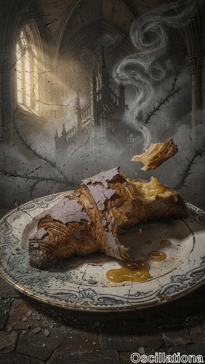 Surreal flaky golden croissant dusted purple-gray mold, broken open oozing yellow custard onto cracked white floral plate, floating flake nearby, in crumbling gothic cathedral with golden light, misty smoke, thorny vines, jagged spires