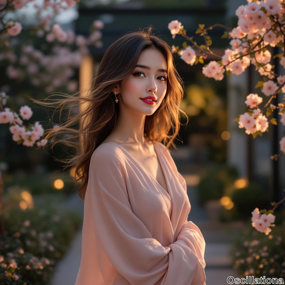 A young woman with flowing hair stands amidst blooming cherry blossoms at sunset, wearing a pale pink blouse.