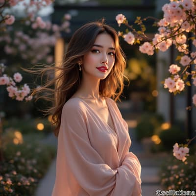 A young woman with flowing hair stands amidst blooming cherry blossoms at sunset, wearing a pale pink blouse.
