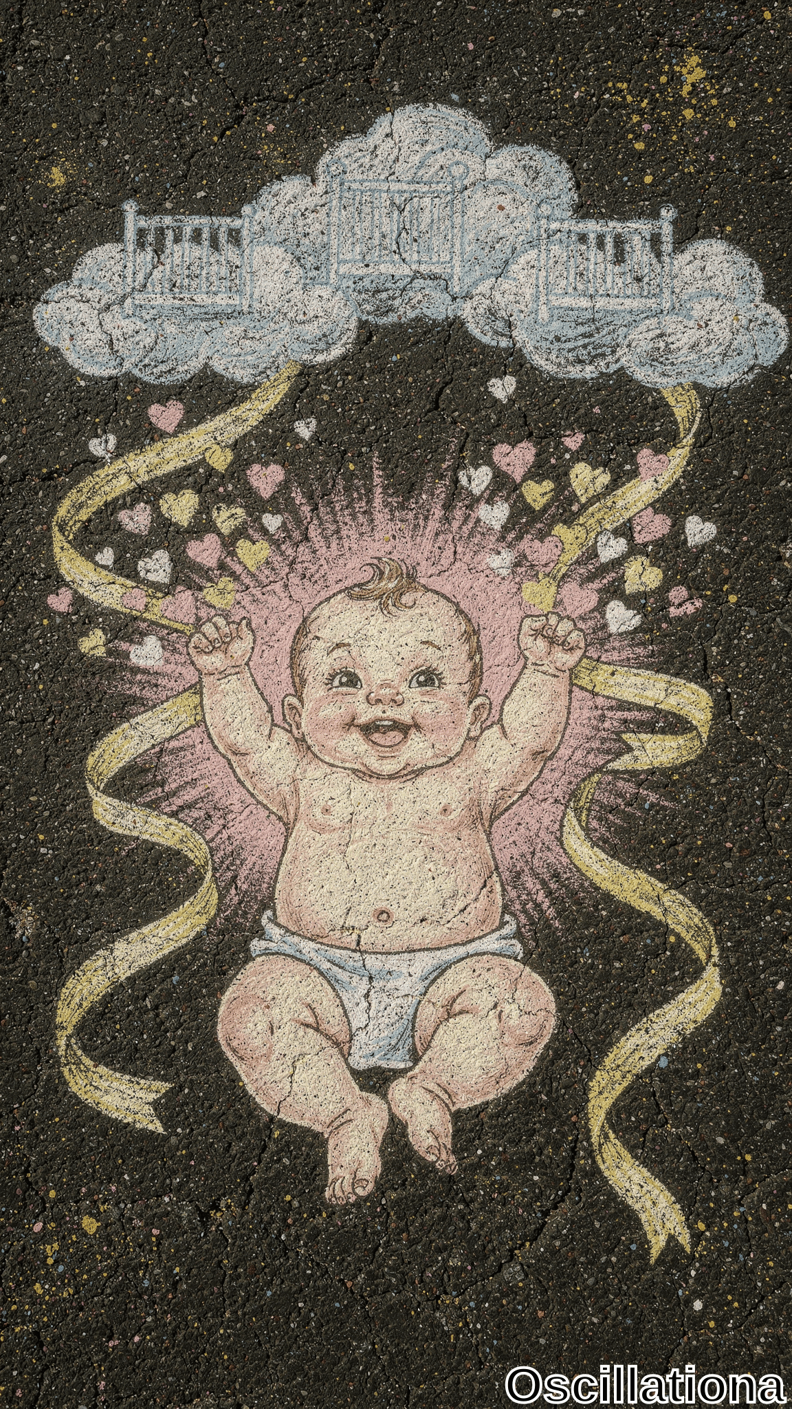 Chalk drawing on dark cracked asphalt with pink, yellow, blue, white star specks. Joyful chubby peach-pink baby in white diaper, big sparkling eyes, wide smile, arms raised, bursts downward from pink hearts