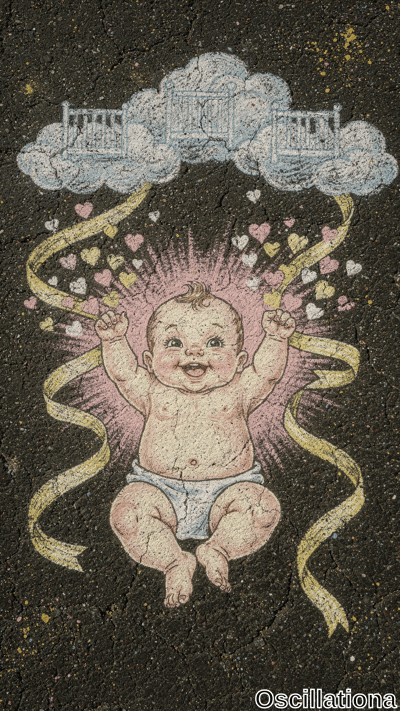 Chalk drawing on dark cracked asphalt with pink, yellow, blue, white star specks. Joyful chubby peach-pink baby in white diaper, big sparkling eyes, wide smile, arms raised, bursts downward from pink hearts