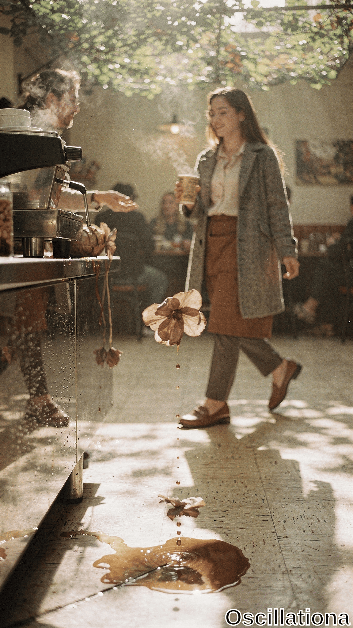 Sunlit cozy coffee shop with golden bokeh, hanging greenery: bearded barista hands to-go cup to smiling woman in gray tweed overcoat, polka-dot blouse beside steaming machine; dramatic coffee spill drips from counter