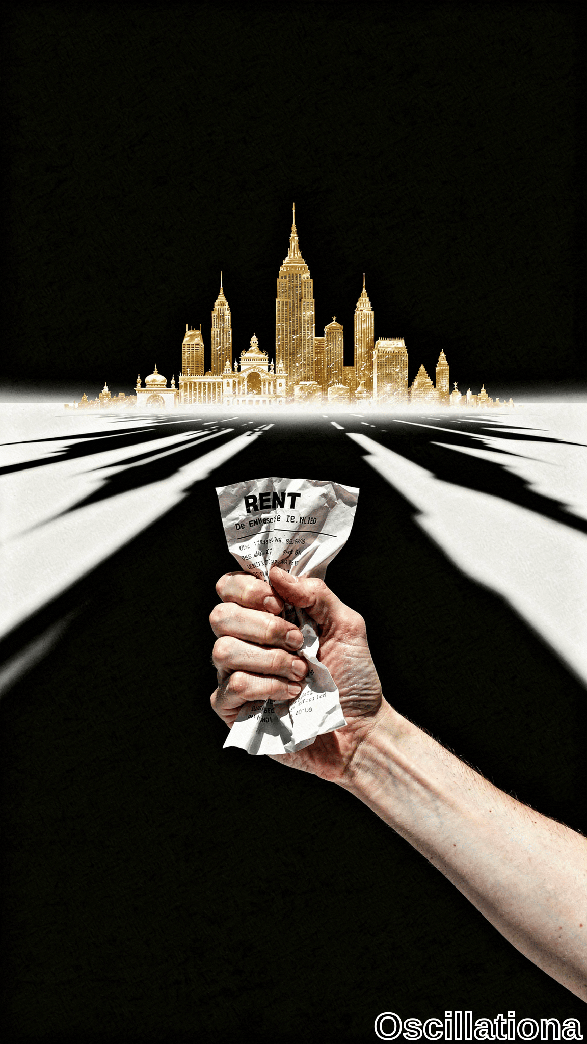A hand grips a crumpled white paper labeled BENT against a glowing golden city skyline on a black background with dramatic perspective lines.