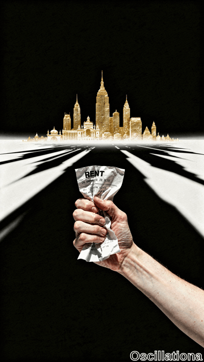 A hand grips a crumpled white paper labeled BENT against a glowing golden city skyline on a black background with dramatic perspective lines.