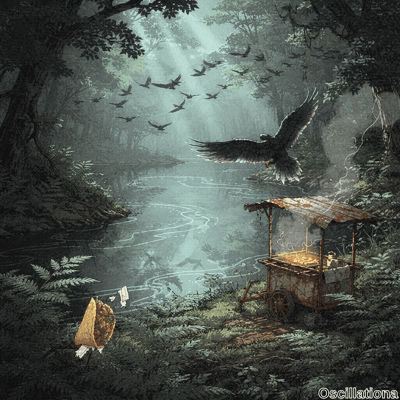 Surreal misty forest in dark greens and grays, with dense vines, ferns, and teal river. Golden sun rays light crows and purple-winged eagle soaring above. Rusty cart's orange grill sizzles food beside te