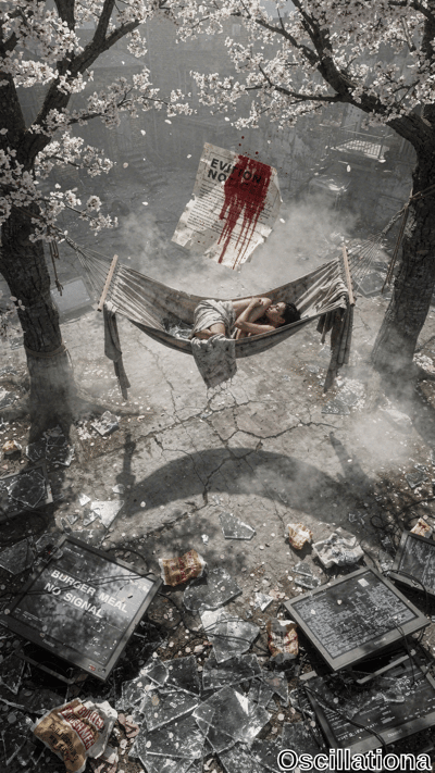 Grayscale post-apocalyptic urban ruin with pinkish-white cherry blossoms falling from gnarled trees framing serene semi-nude Asian woman in frayed hammock, long shadow below, blood-dripping eviction notice floating amid debris