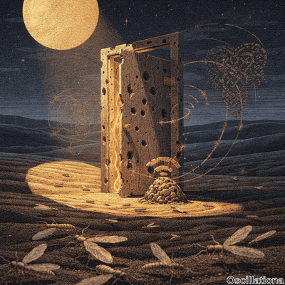 Surreal etched woodcut of starry indigo night over blue-gray dunes lit by massive golden moon. Weathered oak doorframe with holey door ajar to orange fiery glow; base holds papery wasp nest swarming termites