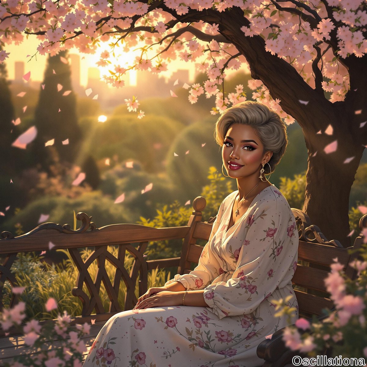 A woman with curly blonde hair sits elegantly on a wooden bench amidst a serene outdoor setting, wearing a light, floral dress that matches the spring vibe.