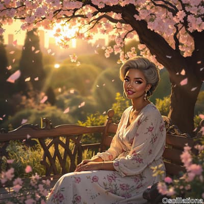 A woman with curly blonde hair sits elegantly on a wooden bench amidst a serene outdoor setting, wearing a light, floral dress that matches the spring vibe.