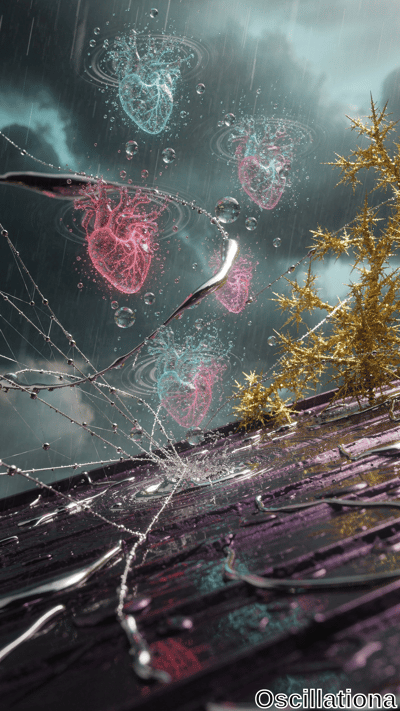 A surreal scene with a cloudy, rainy sky backdrop; multiple translucent, holographic hearts in blue, pink, and red float amidst bubbles and water droplets