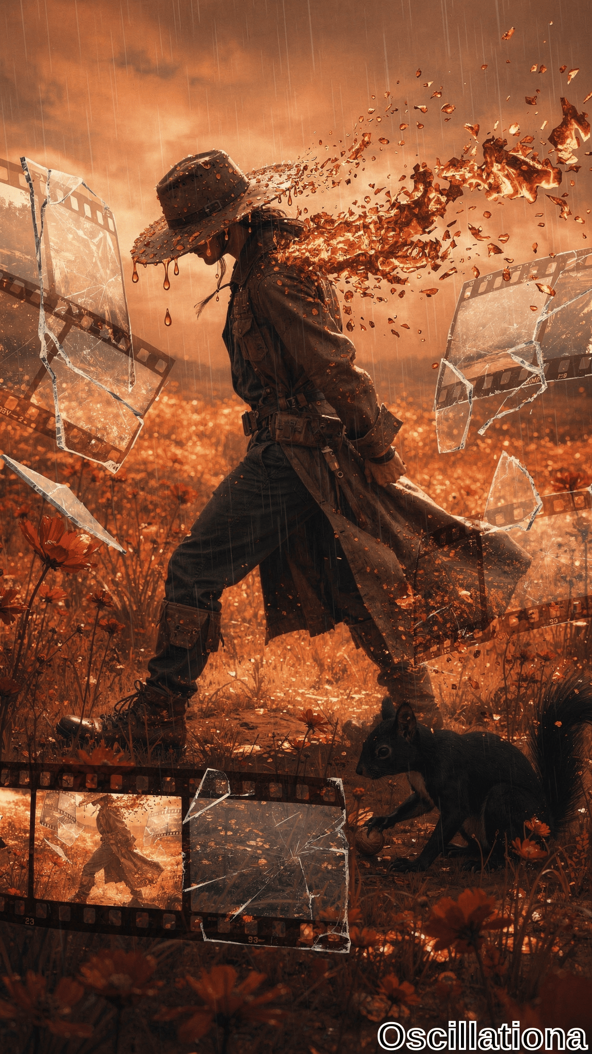 Surreal cinematic artwork of weathered cowboy in dripping hat and trench coat striding rainy autumn field at dusk, body disintegrating into swirling orange flames, embers, glass shards, film strips; black squirrel at boots amid wet red