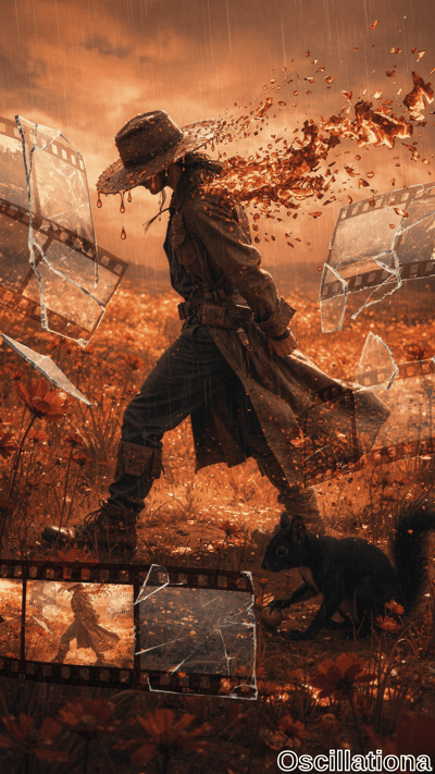 Surreal cinematic artwork of weathered cowboy in dripping hat and trench coat striding rainy autumn field at dusk, body disintegrating into swirling orange flames, embers, glass shards, film strips; black squirrel at boots amid wet red