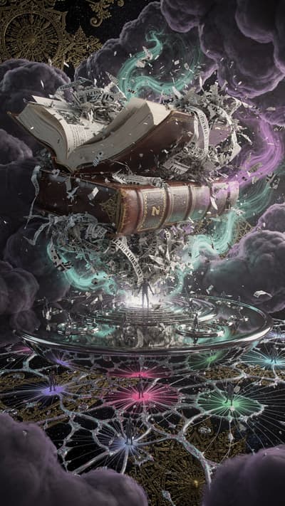 A surreal scene with an old, dark brown leather book with gold detailing and the letter "N" suspended in mid-air, its pages exploding into colorful teal, purple, and pink mists