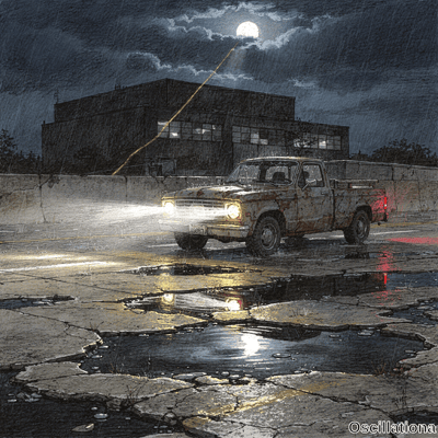 Weathered rusty pickup truck with bright headlights and red taillight driving through rain in dilapidated industrial lot at night under full moon with dramatic beam casting over dark building in stormy setting. 
.