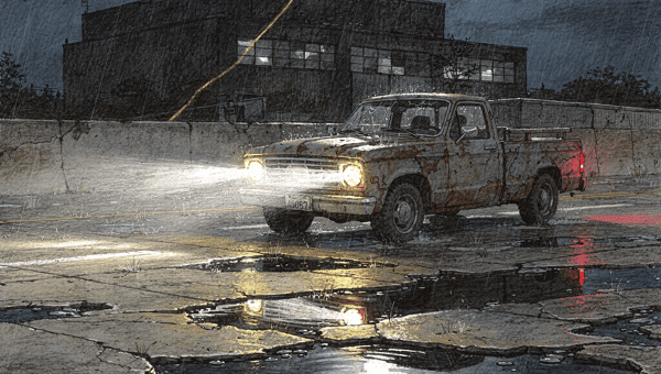 Weathered rusty pickup truck with bright headlights and red taillight driving through rain in dilapidated industrial lot at night under full moon with dramatic beam casting over dark building in stormy setting. 
.