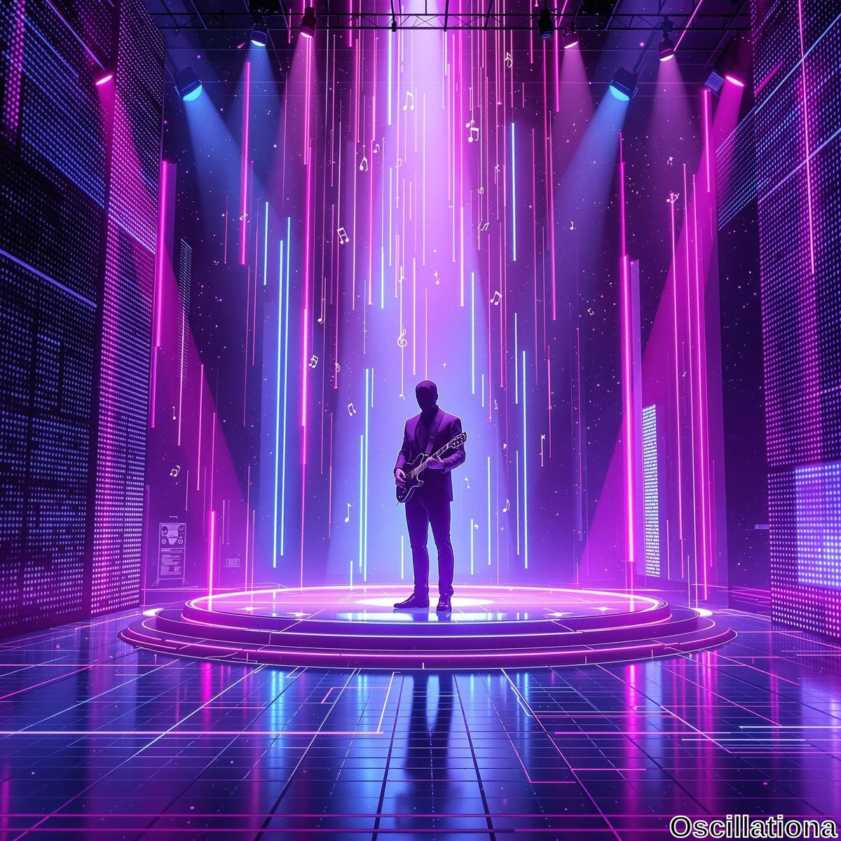 A silhouette of a person on a circular platform, guitar in hand, stands under vibrant neon lights in shades of pink, purple, and blue, creating a dramatic and mysterious effect.