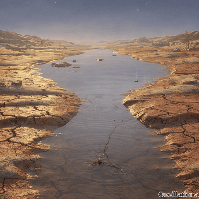 A vast drought-stricken valley at twilight with a narrow deep blue water channel and concentric ripples from a gnarled dead branch in the foreground. 
The somber cinematic scene with barren cracked earth evokes themes of water scarcity and climate