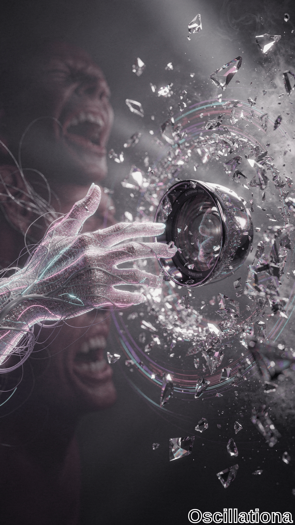 Surreal digital art with two blurred, screaming faces in red and brown hues in the background, a central metallic sphere resembling a shattered camera lens surrounded by glass shards, and a futuristic semi-transparent hand with glowing blue