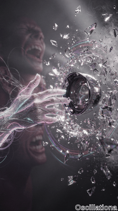 Surreal digital art with two blurred, screaming faces in red and brown hues in the background, a central metallic sphere resembling a shattered camera lens surrounded by glass shards, and a futuristic semi-transparent hand with glowing blue