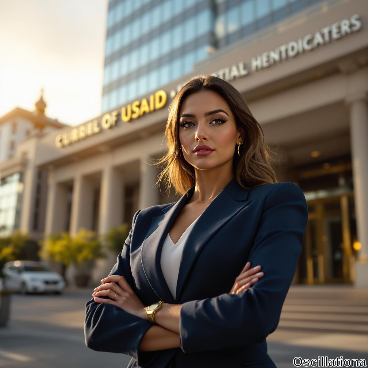 A confident woman in a navy blazer and white top stands with crossed arms, exuding poise and determination.