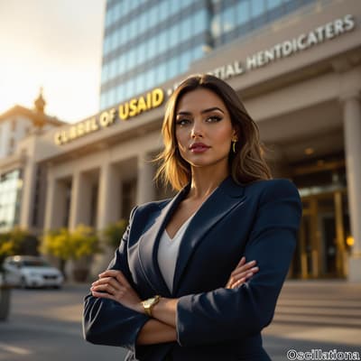 A confident woman in a navy blazer and white top stands with crossed arms, exuding poise and determination.