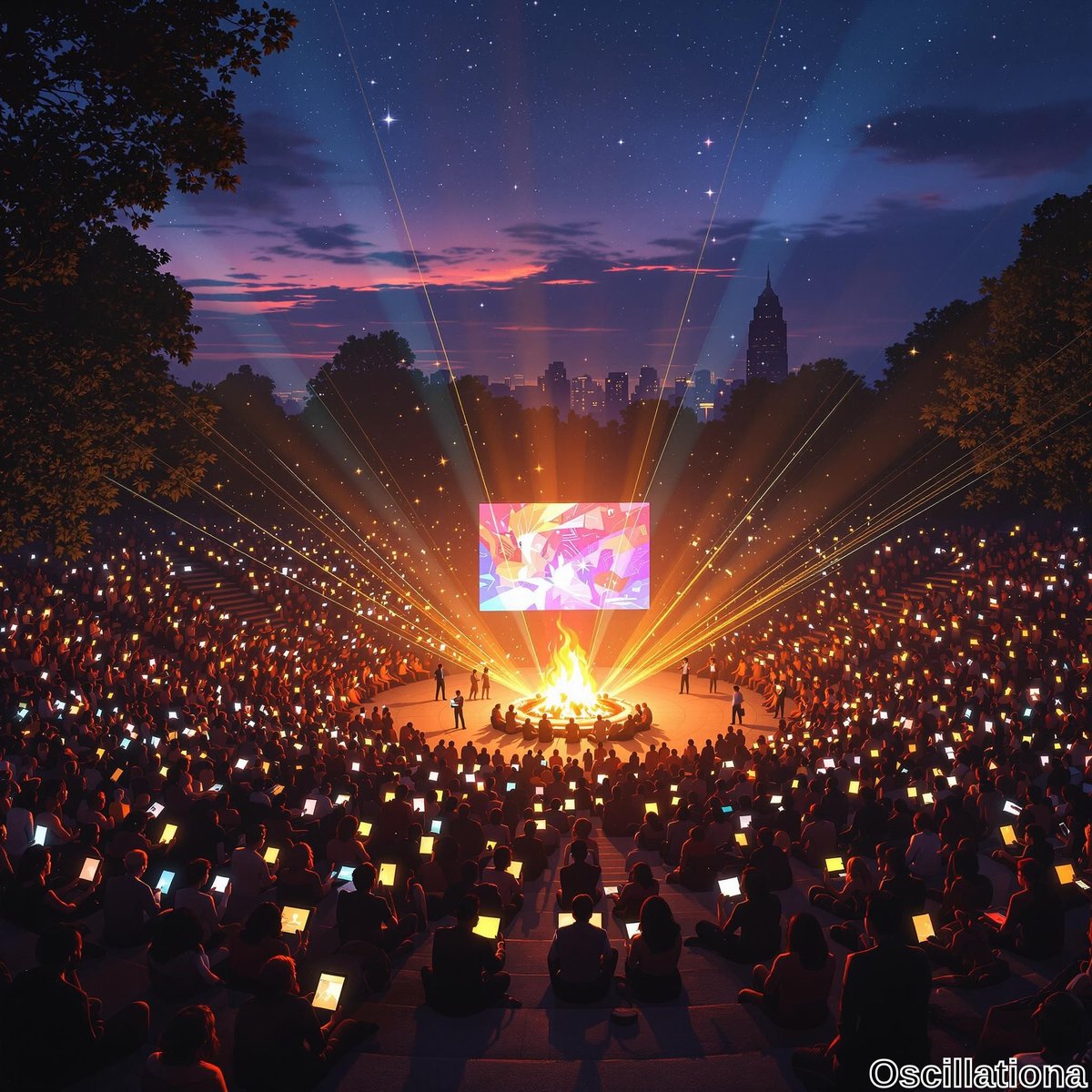 A vibrant dusk gathering in a park-like amphitheater with a large, colorful screen displaying abstract visuals and radiating light beams.