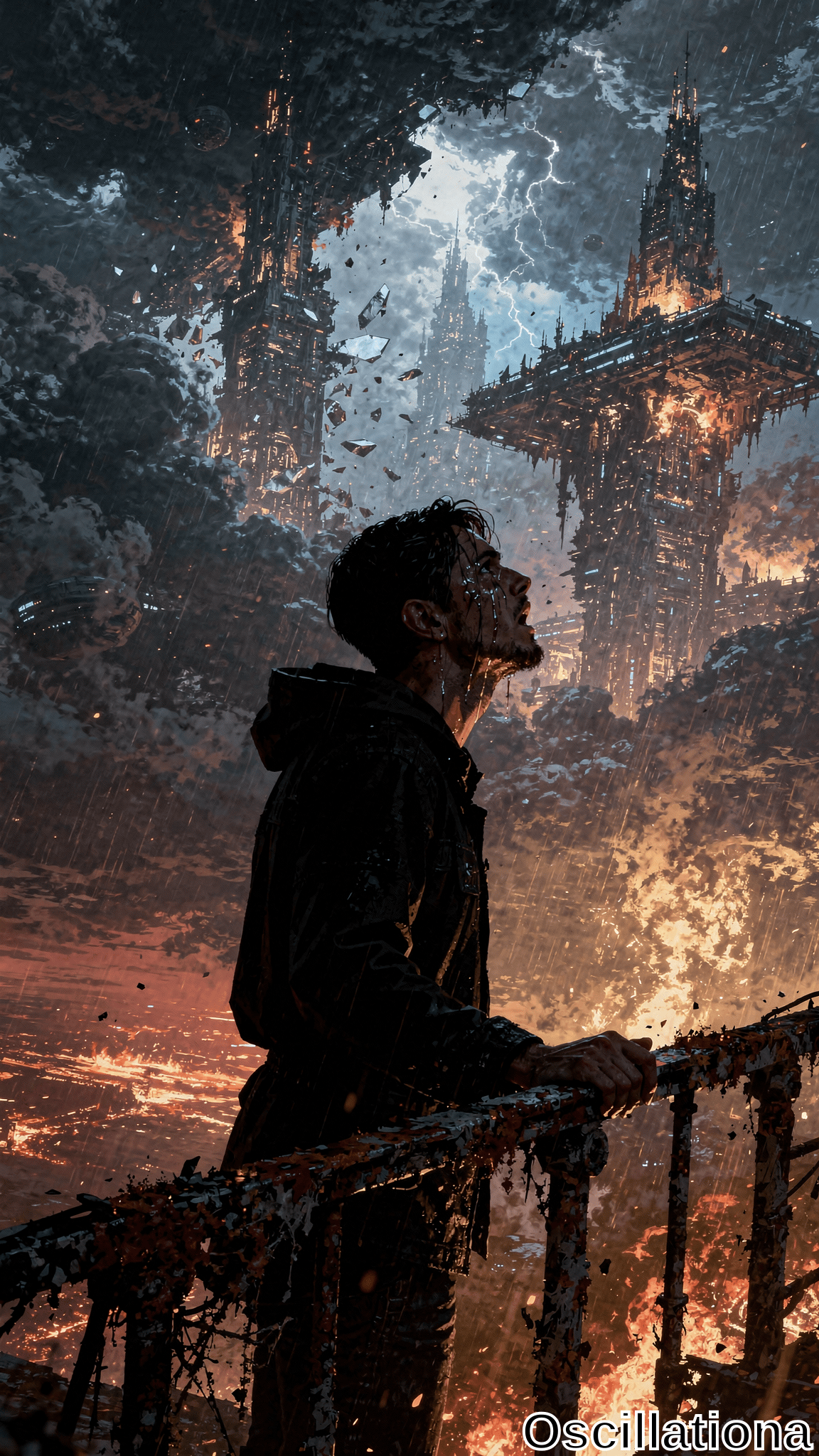 A young man in a dark hoodie leans on a rain-streaked railing, head tilted back toward massive crumbling towers suspended in a lightning-filled sky. Dramatic digital painting with fiery orange glows, heavy rain, and dark stormy clouds creates an intense apocalyptic mood.