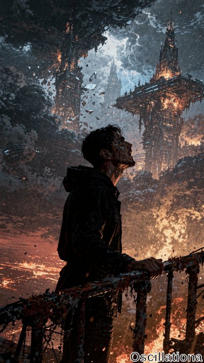 A young man in a dark hoodie leans on a rain-streaked railing, head tilted back toward massive crumbling towers suspended in a lightning-filled sky. Dramatic digital painting with fiery orange glows, heavy rain, and dark stormy clouds creates an intense apocalyptic mood.