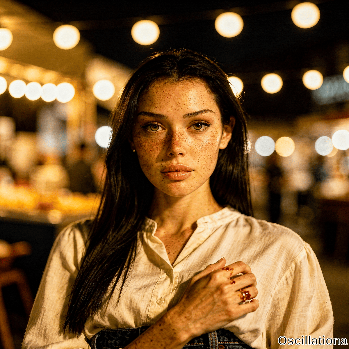Freckled woman with dark hair and hazel eyes gazes at camera in warm light, hand on chest with red on fingers and gold ring against blurred night festival bokeh. 
The moody filmic image shows high contrast warm color