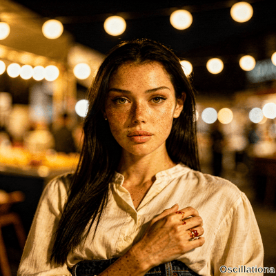 Freckled woman with dark hair and hazel eyes gazes at camera in warm light, hand on chest with red on fingers and gold ring against blurred night festival bokeh. 
The moody filmic image shows high contrast warm color